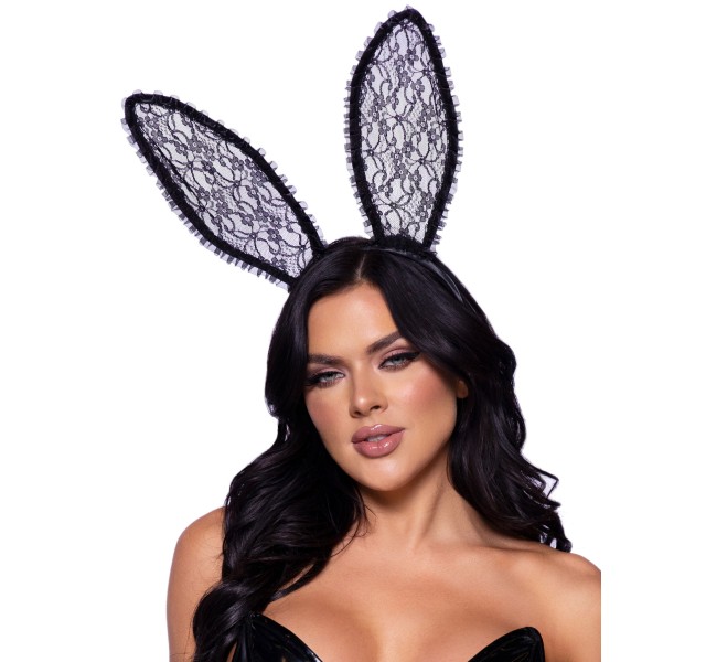 Ruffle Trimmed Bendable Lace Bunny Ears - Black