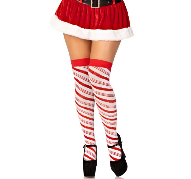 Candy Cane Lurex Striped Socks - Over the Knee - Os - White/red