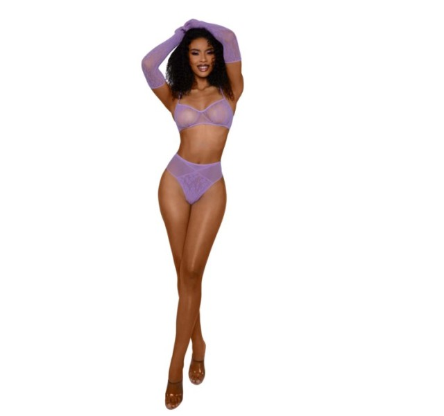 Lace Bralette Panty and Gloves Set - Os - Lilac