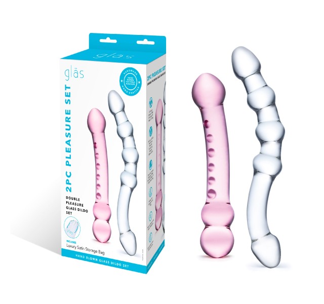 2 Pc Double Pleasure Glass Dildo Set - Pink/clear