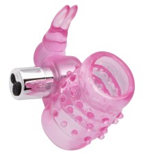Basic Essentials Stretchy Vibrating Bunny Enhancer - Pink Rechargeable Basic Essentials Stretchy Vibrating Bunny Enhancer - Pink Rechargeable