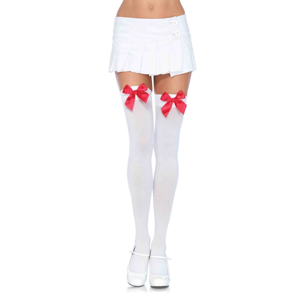 Nylon Over the Knee Socks - White With Red Bow
