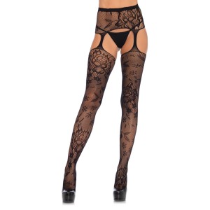 Floral Lace Stockings with Attached Waist Garterbelt - Black - One Size Floral Lace Stockings with Attached Waist Garterbelt - Black - One Size