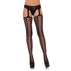 Faux Lace Up Dual Net Backseam Stockings with Attached Garterbelt - Black - One Size Faux Lace Up Dual Net Backseam Stockings with Attached Garterbelt - Black - One Size