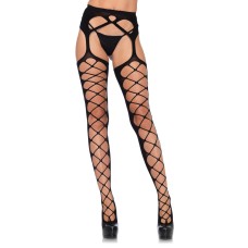 Diamond Net Opaque Stockings with Attached Garter - Black - One Size Diamond Net Opaque Stockings with Attached Garter - Black - One Size