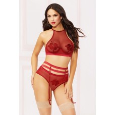 Applique & Mesh Bra Set - Medium - Burgundy Applique & Mesh Bra Set - Medium - Burgundy