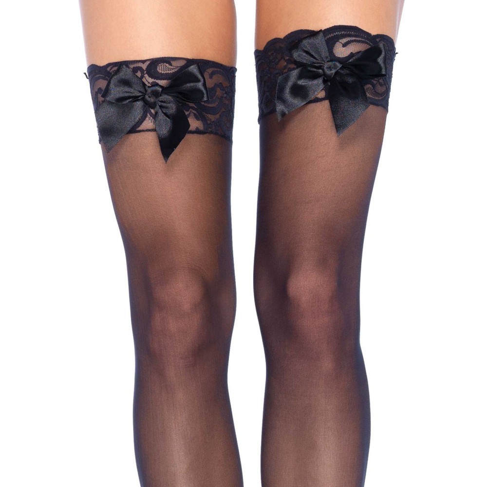 Sheer Lace Top Thigh Highs With Satin Bow Accent - One Size - Black Sheer Lace Top Thigh Highs With Satin Bow Accent - One Size - Black