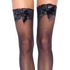 Sheer Lace Top Thigh Highs With Satin Bow Accent - One Size - Black Sheer Lace Top Thigh Highs With Satin Bow Accent - One Size - Black