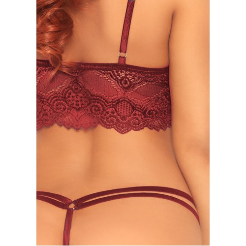 2 Pc Lace Bralette With Cage Strap O-Ring Bodice Detail and Matching G-String - Burgandy - Small/ Medium 2 Pc Lace Bralette With Cage Strap O-Ring Bodice Detail and Matching G-String - Burgandy - Small/ Medium