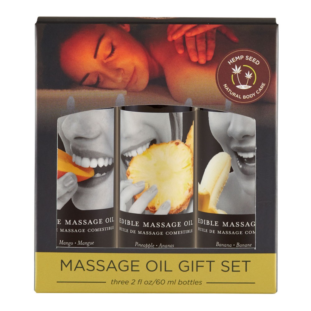 Edible Massage Oil Gift Set Box - 2 Fl. Oz. Bottles - Banana, Mango, Pineapple