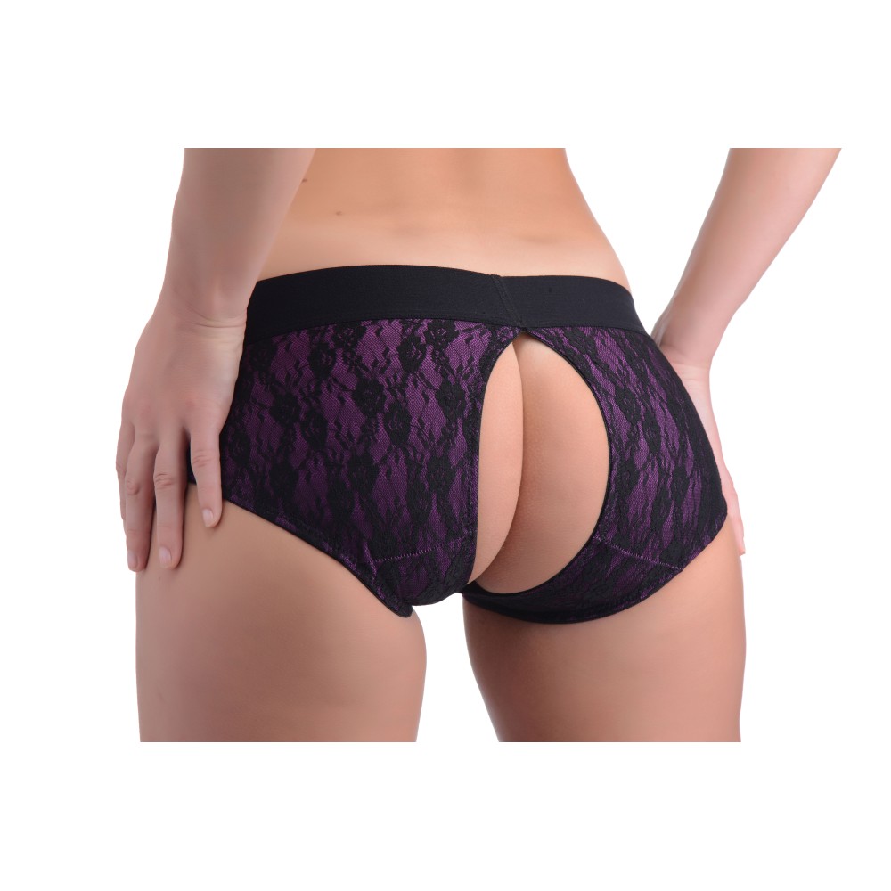 Lace Envy Crotchless Panty Harness - S/ M Black and Purple
