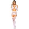 5 Pc Rhinestone Bikini Top G-String Garter Skirt, Gloves and Stockings - One Size - White