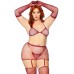5 Pc Rhinestone Bikini Top G-String Garter Skirt,  Gloves and Stockings - Queen Size - Burgundy