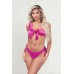 Two Piece Bra Set - Satin Bra With Assymetrical Shoulder Strap, Satin Ribbon Bows, and Thong - One Size - Fuchsia