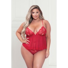 Two Piece Lace and Mesh Camidoll Set - Queen Size - Red