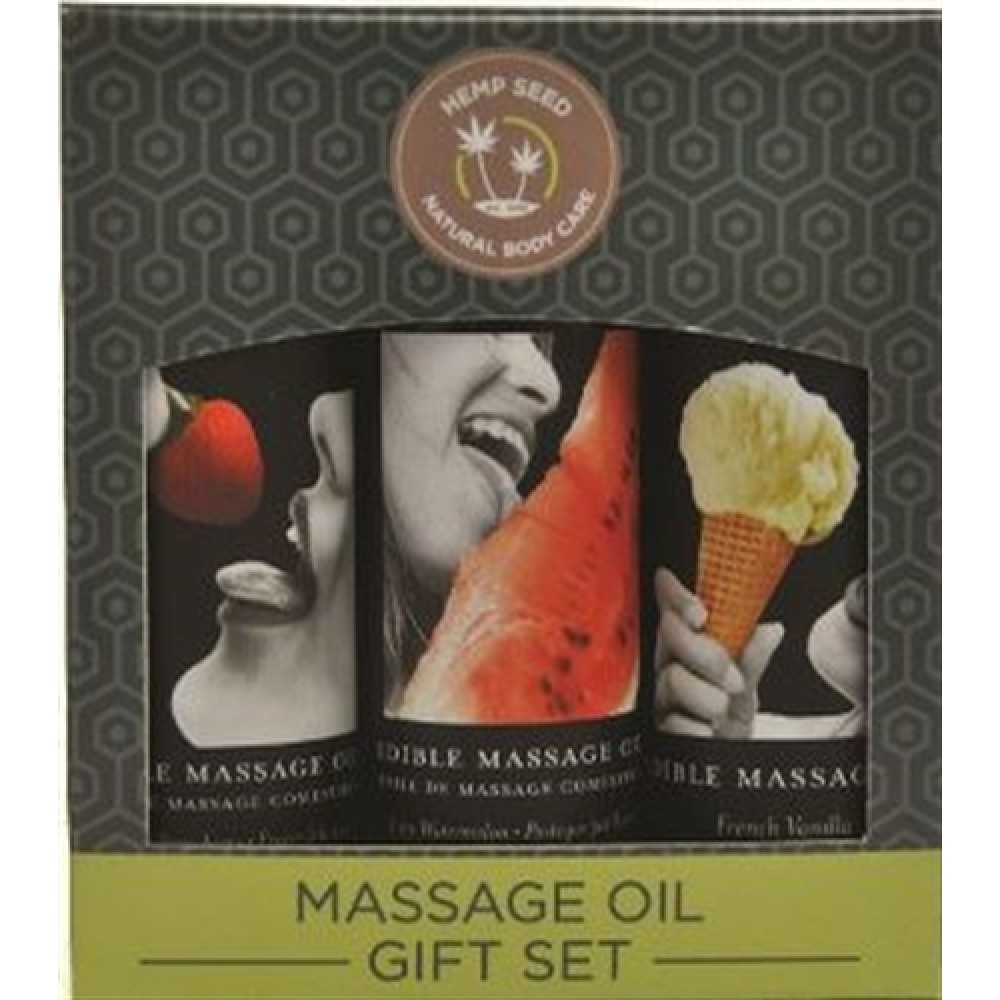 Edible Massage Oil Gift Set Box - 2 Fl. Oz. Bottles - Strawberry, Watermelon, Vanilla