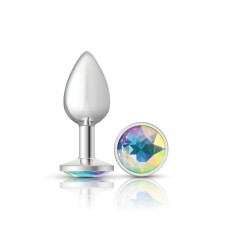 Clear Iridescent Round Gem Silver Metal Plug - Sm Clear Iridescent Round Gem Silver Metal Plug - Sm