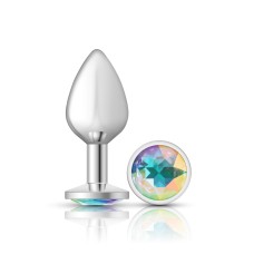 Clear Iridescent Round Gem Silver Metal Plug - Md Clear Iridescent Round Gem Silver Metal Plug - Md