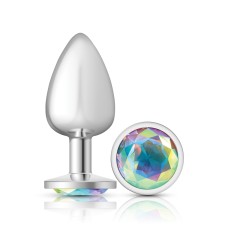 Clear Iridescent Round Gem Silver Metal Plug - Lg Clear Iridescent Round Gem Silver Metal Plug - Lg