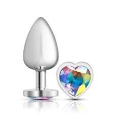 Clear Iridescent Heart Gem Silver Metal Plug - Lg Clear Iridescent Heart Gem Silver Metal Plug - Lg