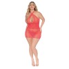 Stretch Fishnet and Scalloped Stretch Lace Chemise - Queen - Coral