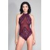 High Neck Scalloped Trim Lace Teddy With Sheer Back - One Size - Burgundy