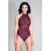 High Neck Scalloped Trim Lace Teddy With Sheer Back - One Size - Burgundy