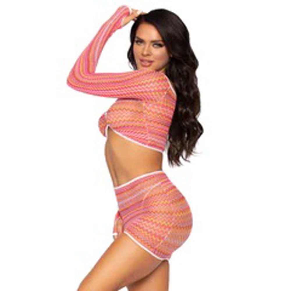 2 Pc Zig Zag Net Crop Top and Mini Dress - One Size - Pink