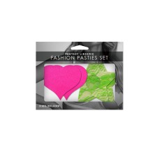 Fashion Pasties Set - Neon Pink Satin Heart and  Neon Green Lace Star