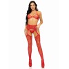 3 Pc Rhinestone Bra Top, G-String, and Garter Belt Stockings - One Size - Red