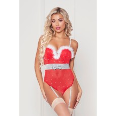 Rhinestone Studded Mesh Teddy With Marabou Trim -  Small - Red
