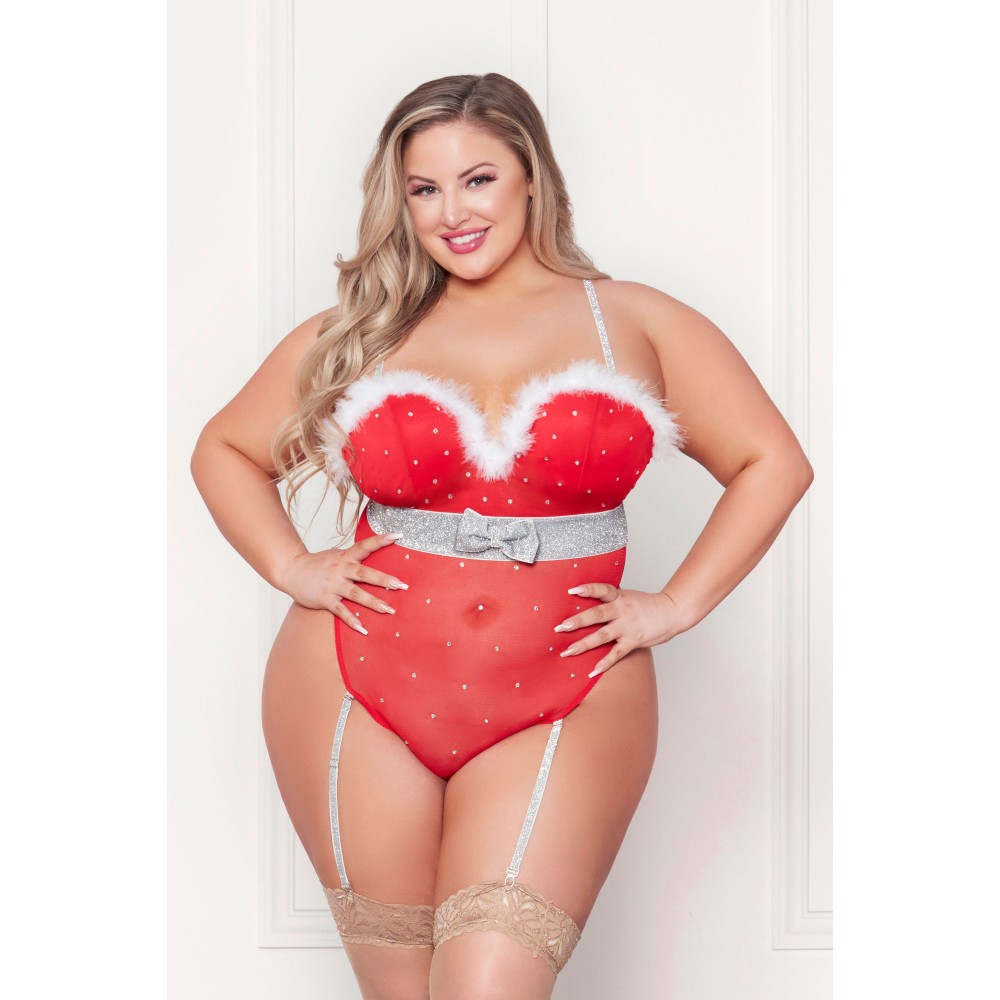 Rhinestone Studded Mesh Teddy With Marabou Trim - 3x/4x - Red