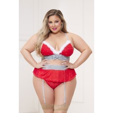 3 Pc Rhinestone Stud Bra With Marabou Trim and  Garter Belt With Mesh Thong - Queen - Red