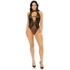 Net and Lace Keyhole Halter Bodysuit - One Size - Black