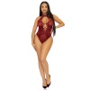 Net and Lace Keyhole Halter Bodysuit - One Size - Burgundy