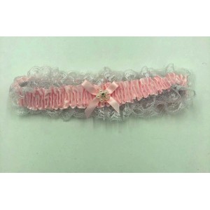 Satin Leg Garter - One Size - Baby Pink With White Lace