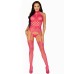 High Neck Halter Hardcore Net and Lace Suspender Bodystocking - One Size - Raspberry