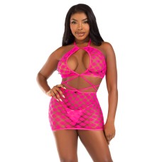 Keyhole Halter Hardcore Net Mini Dress - One Size - Neon Pink Keyhole Halter Hardcore Net Mini Dress - One Size - Neon Pink