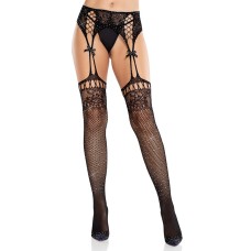 Black Rhinestone Lace Top Fishnet Stockings With - Gartner Belt - Os
