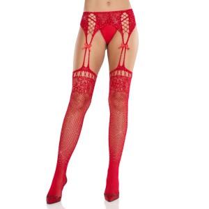 Red Rhinestone Lace Top Fishnet Stockings With - Gartner Belt - Os Red Rhinestone Lace Top Fishnet Stockings With - Gartner Belt - Os