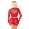 Red 2pc Rhinestone Lace and Net Crop Top with - Heart Keyhole Mini Skirt - Os