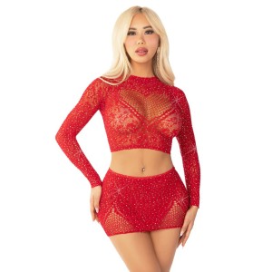 Red 2pc Rhinestone Lace and Net Crop Top with - Heart Keyhole Mini Skirt - Os Red 2pc Rhinestone Lace and Net Crop Top with - Heart Keyhole Mini Skirt - Os