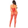 Red Seamless Net and Lace Lingerie Jumpsuit - With Keyhole Crossover Halter - Os