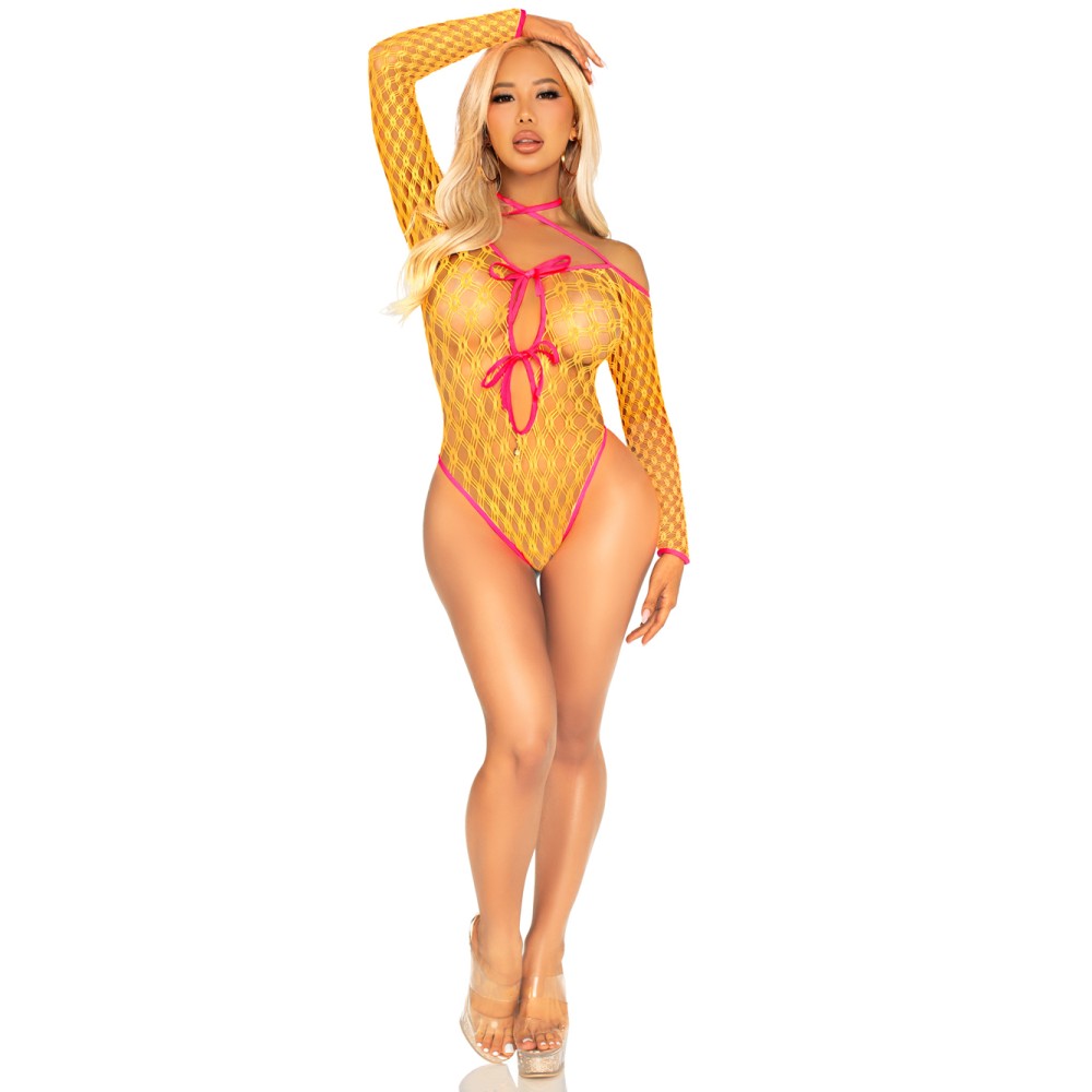 Eyelet Net Teddy With Tie-Front Keyhole Detail O/s - Neon Orange