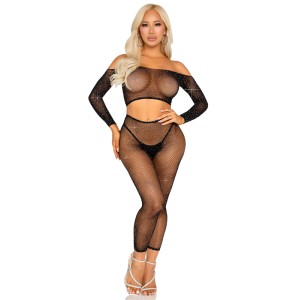 Rhinestone Fishnet Crop Top and Footless Tights O/s - Black Rhinestone Fishnet Crop Top and Footless Tights O/s - Black