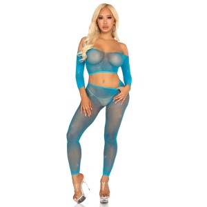 Rhinestone Fishnet Crop Top and Footless Tights O/s - Neon Blue Rhinestone Fishnet Crop Top and Footless Tights O/s - Neon Blue