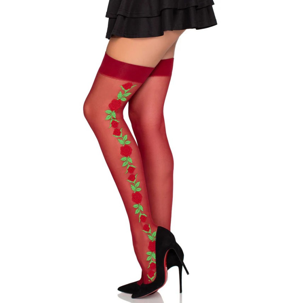 Spandex Thigh Highs With Roses - Os - Burgundy