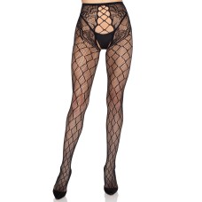 Faux Layer Net Tights With Crotchless Floral Panty - Os - Black
