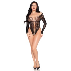 Net and Lace Crotchless Teddy - Os - Black