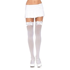 Satin Bow Opaque Thigh Highs - Queen Size - White Satin Bow Opaque Thigh Highs - Queen Size - White